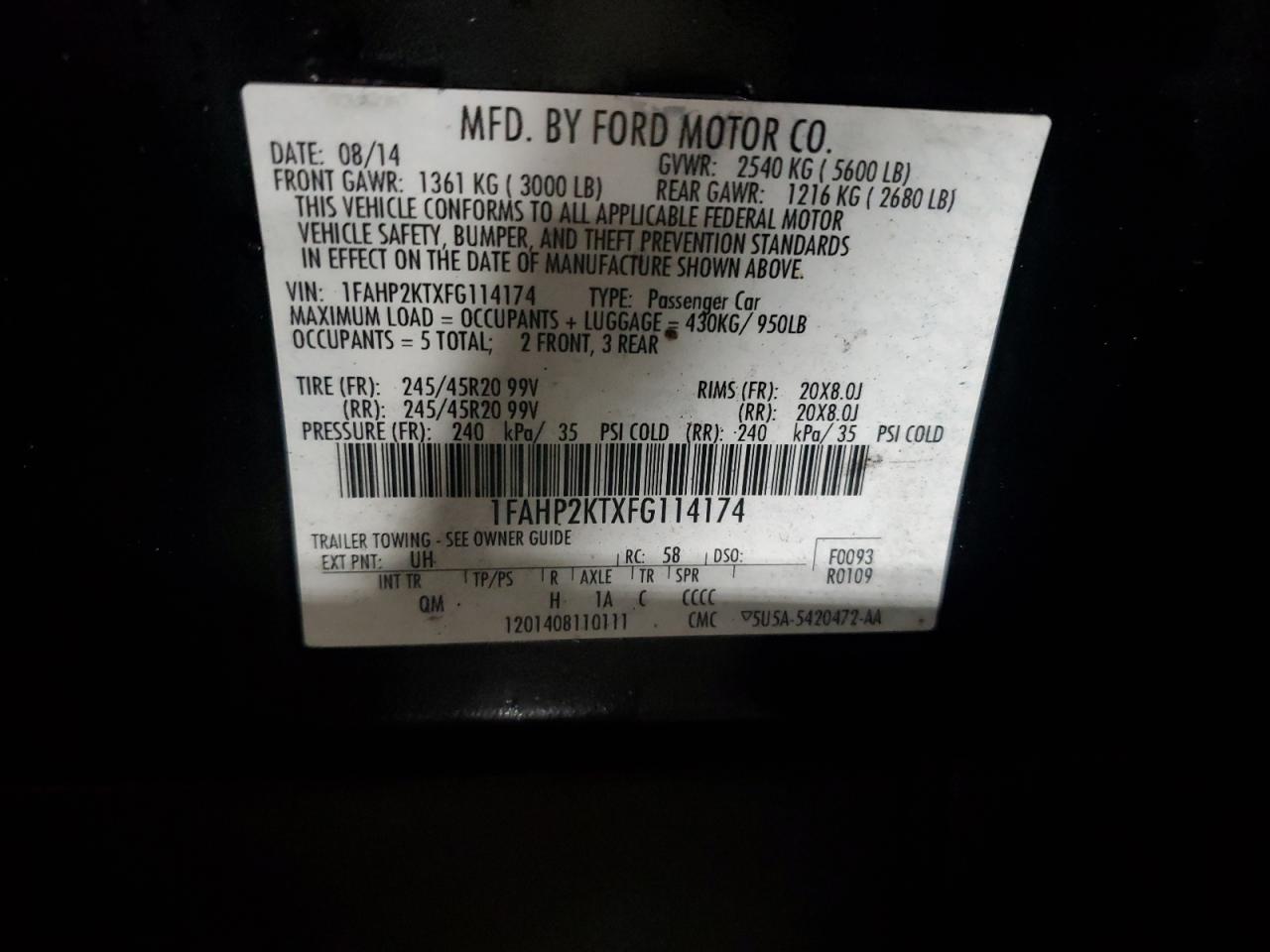 2015 Ford Taurus Sho VIN: 1FAHP2KTXFG114174 Lot: 85375095