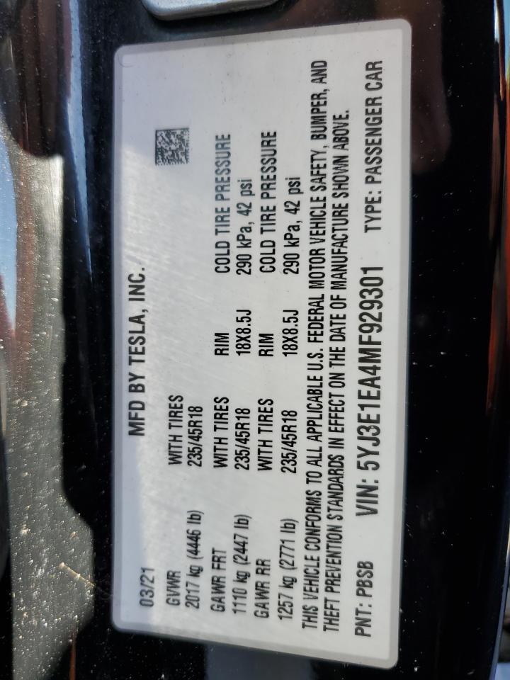 2021 Tesla Model 3 VIN: 5YJ3E1EA4MF929301 Lot: 90629625