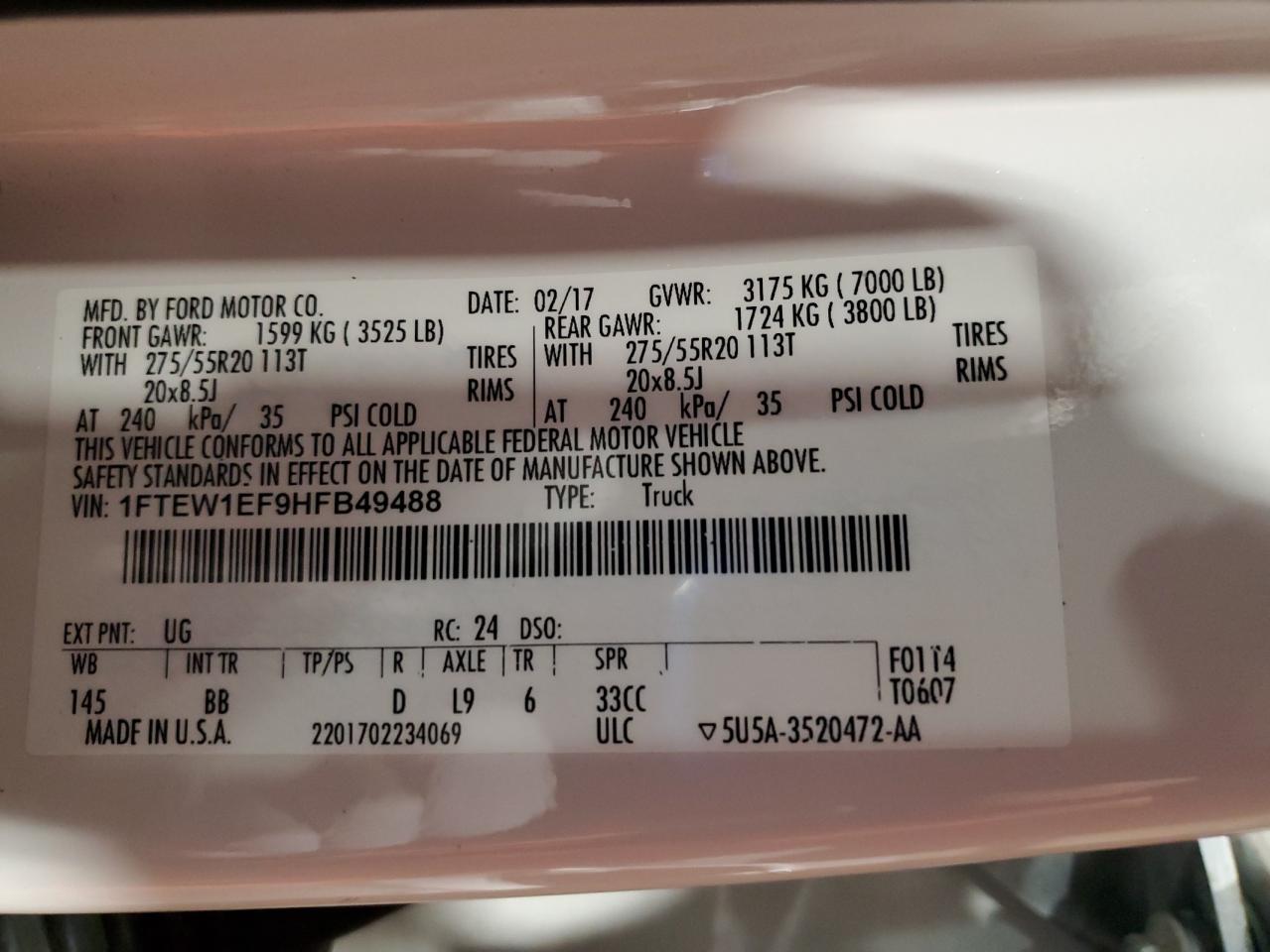 2017 Ford F150 Supercrew VIN: 1FTEW1EF9HFB49488 Lot: 86115165