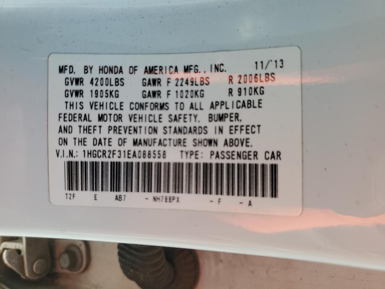 2014 Honda Accord Lx VIN: 1HGCR2F31EA088558 Lot: 84534605