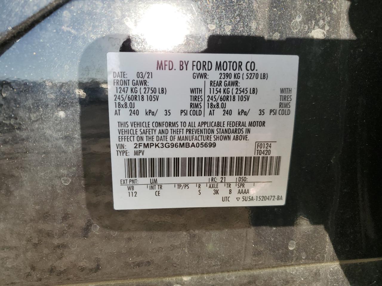 2021 Ford Edge Se VIN: 2FMPK3G96MBA05699 Lot: 87241655