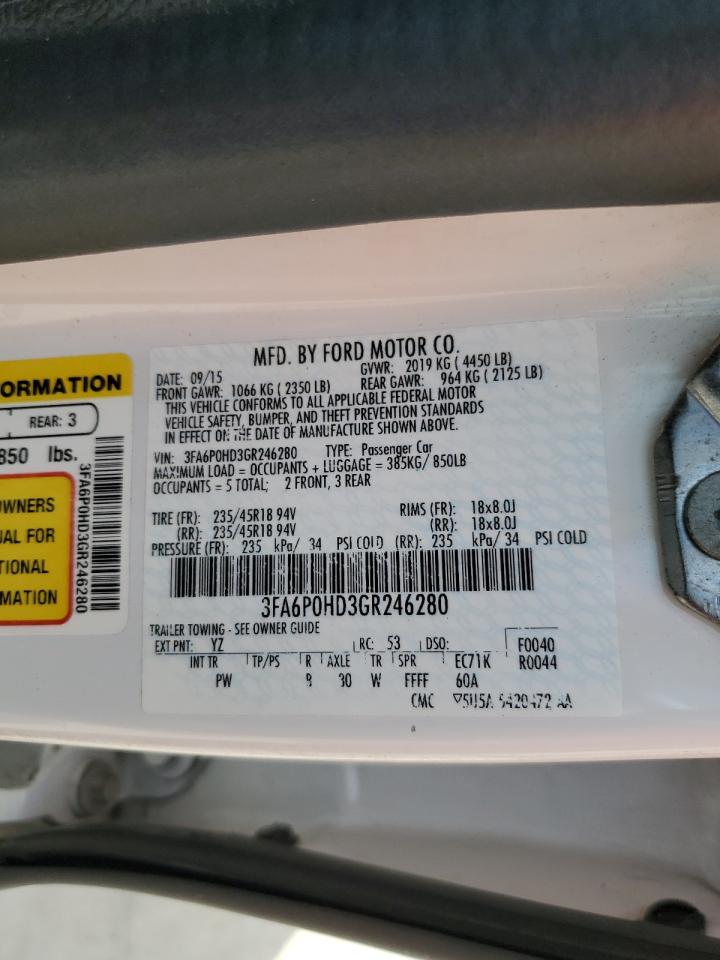 2016 Ford Fusion Se VIN: 3FA6P0HD3GR246280 Lot: 86168435