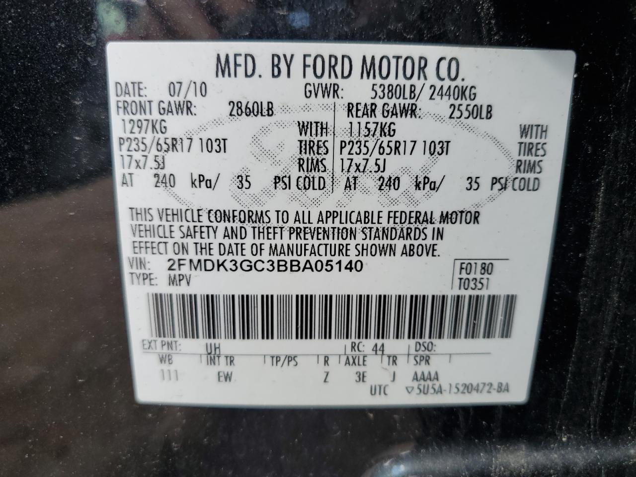 2011 Ford Edge Se VIN: 2FMDK3GC3BBA05140 Lot: 84996095