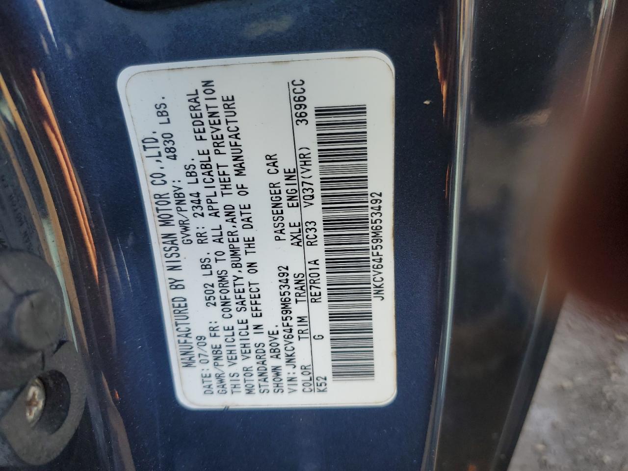 2009 Infiniti G37 VIN: JNKCV64F59M653492 Lot: 82615225