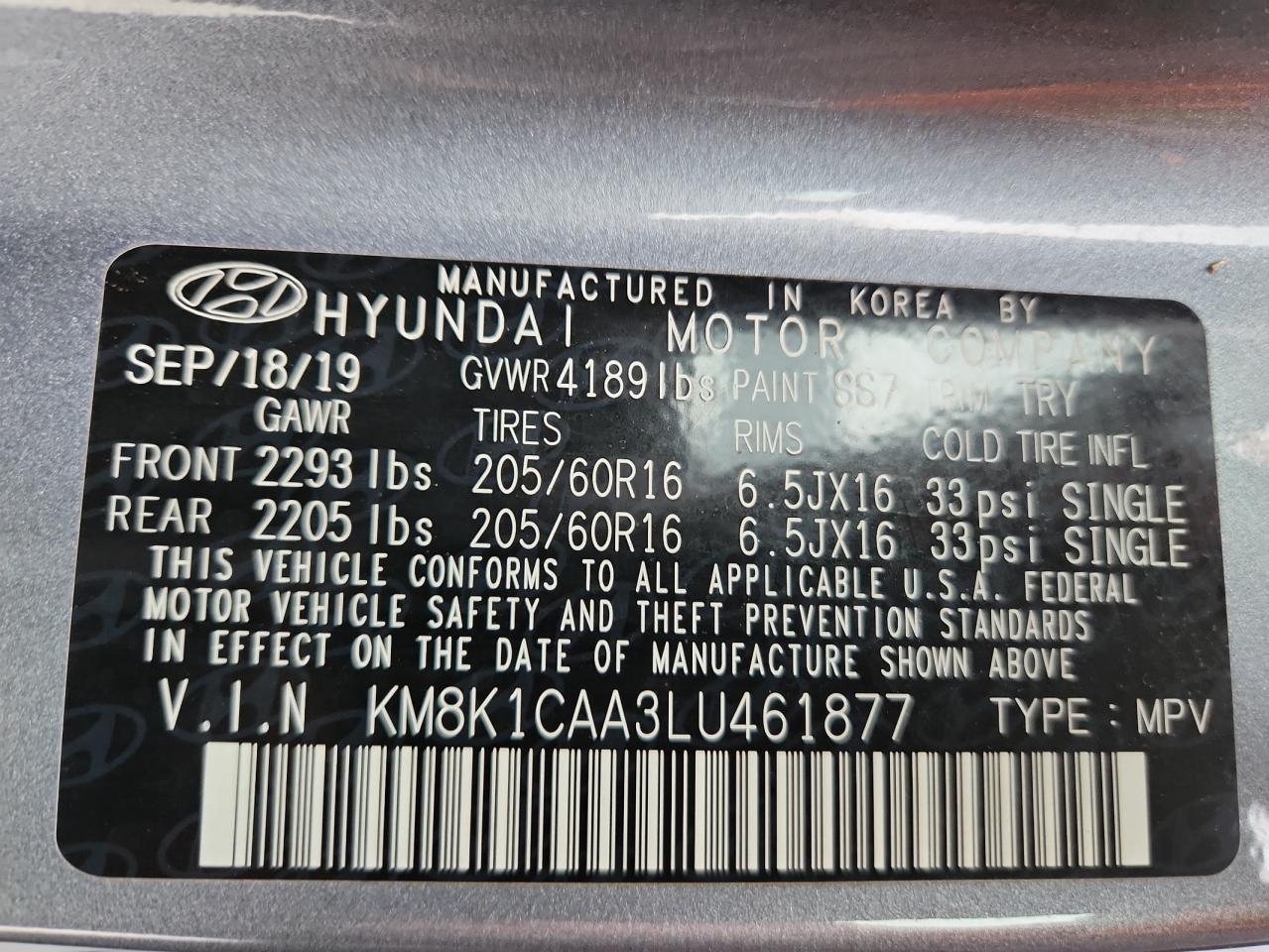 2020 Hyundai Kona Se VIN: KM8K1CAA3LU461877 Lot: 86296425
