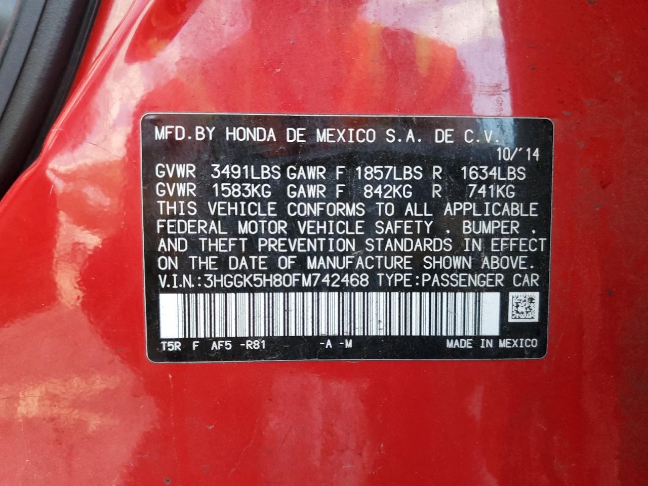 2015 Honda Fit Ex VIN: 3HGGK5H80FM742468 Lot: 85329895