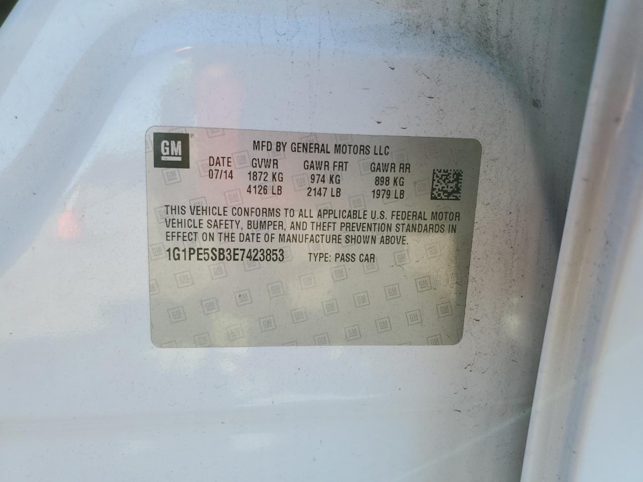 2014 Chevrolet Cruze Lt VIN: 1G1PE5SB3E7423853 Lot: 86156985