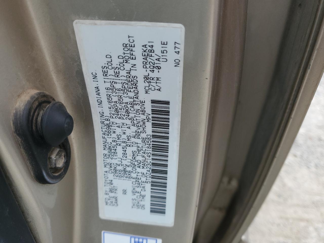 2004 Toyota Sienna Ce VIN: 5TDZA23C14S184583 Lot: 86184405