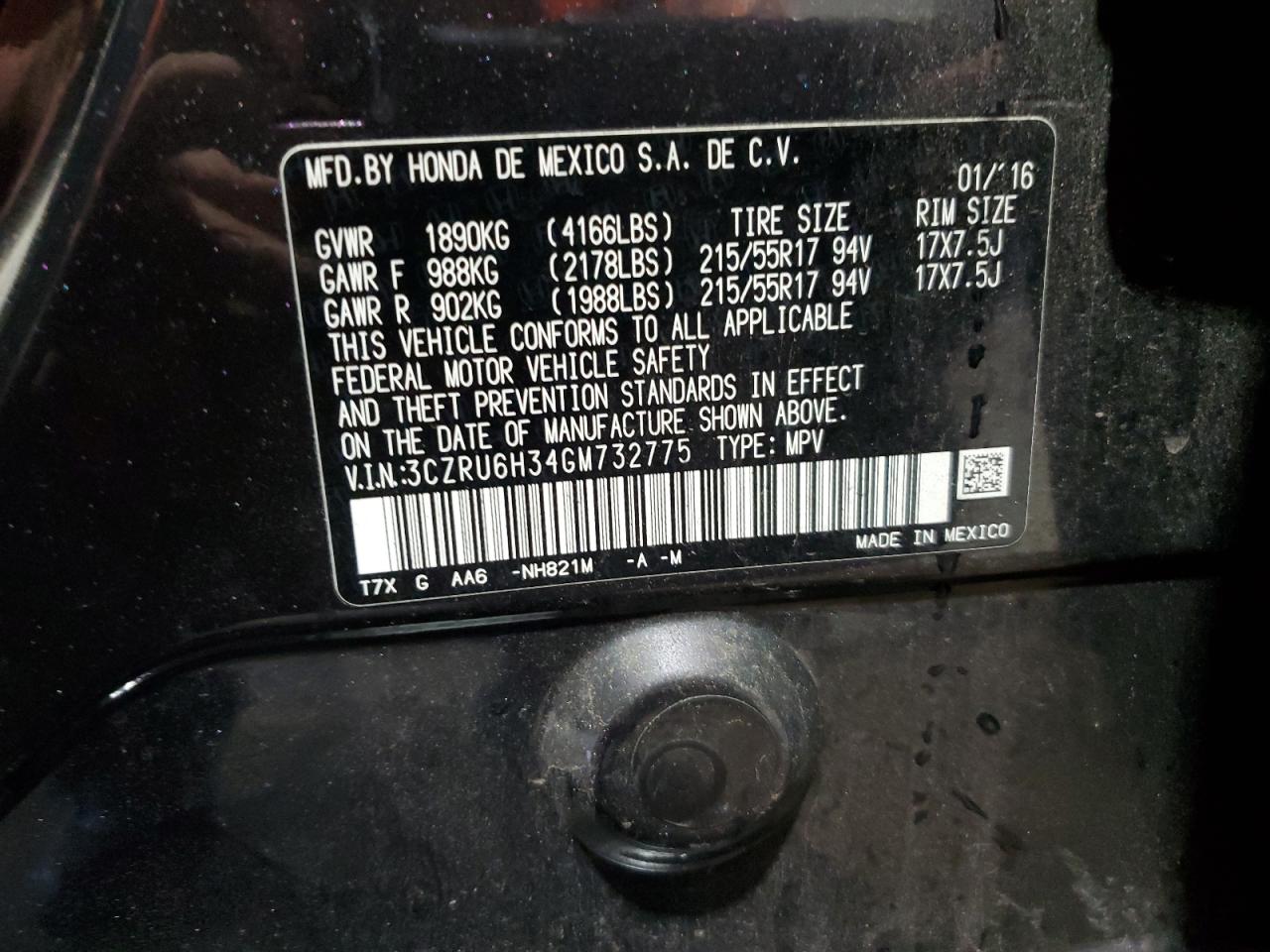 2016 Honda Hr-V Lx VIN: 3CZRU6H34GM732775 Lot: 85734625