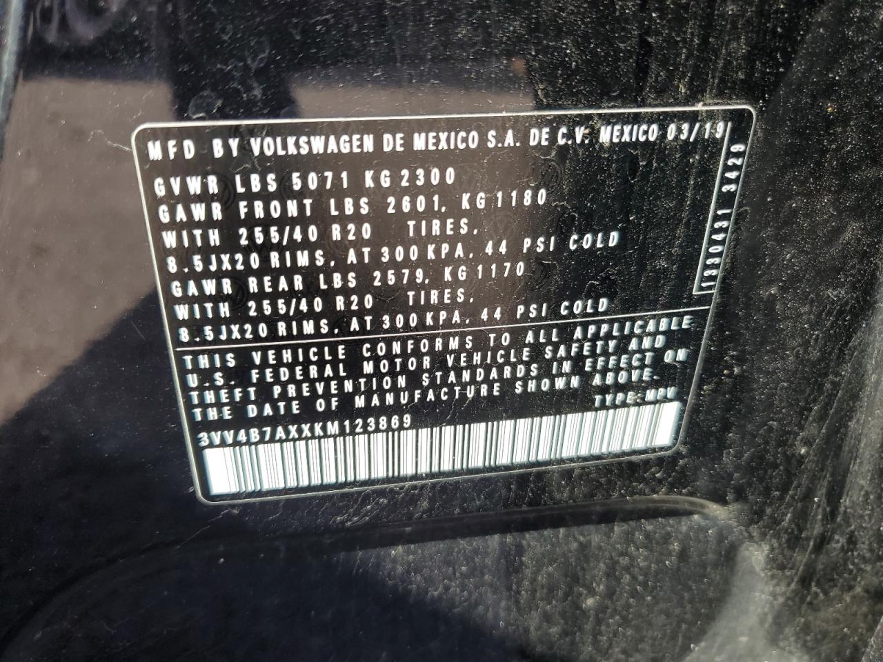 2019 Volkswagen Tiguan Sel Premium VIN: 3VV4B7AXXKM123869 Lot: 85142125