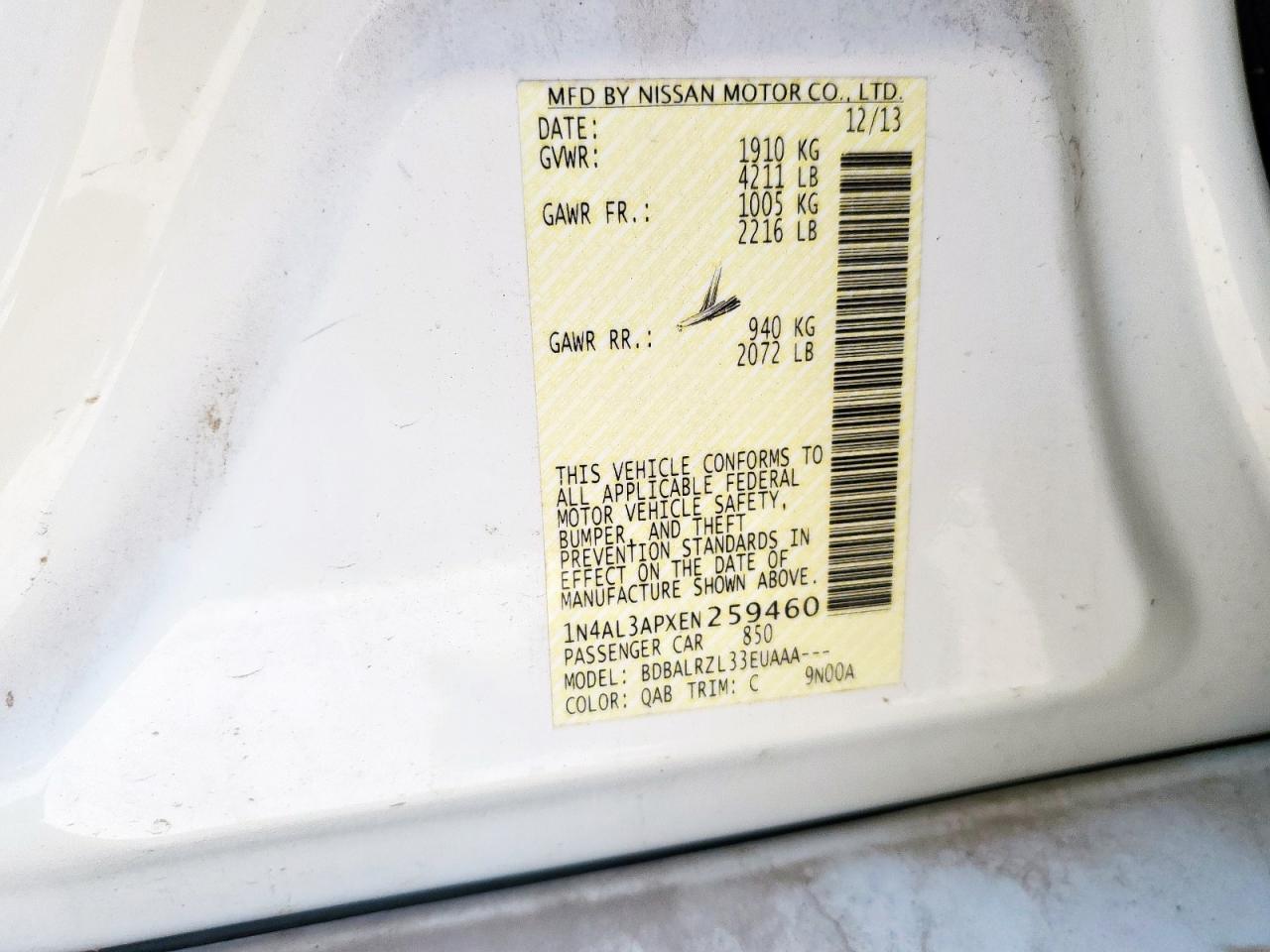 2014 Nissan Altima 2.5 VIN: 1N4AL3APXEN259460 Lot: 85366335