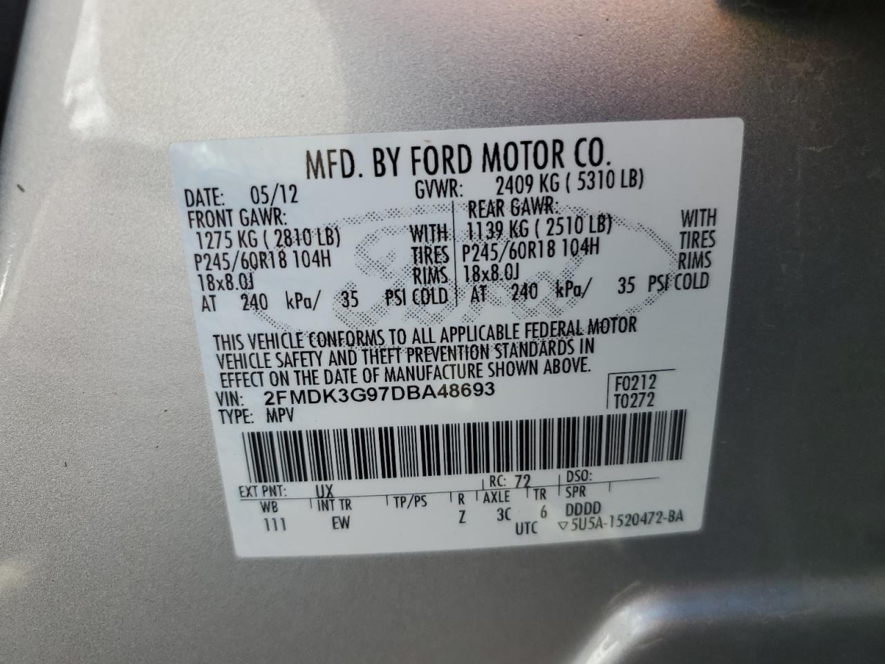 2013 Ford Edge Se VIN: 2FMDK3G97DBA48693 Lot: 82227785