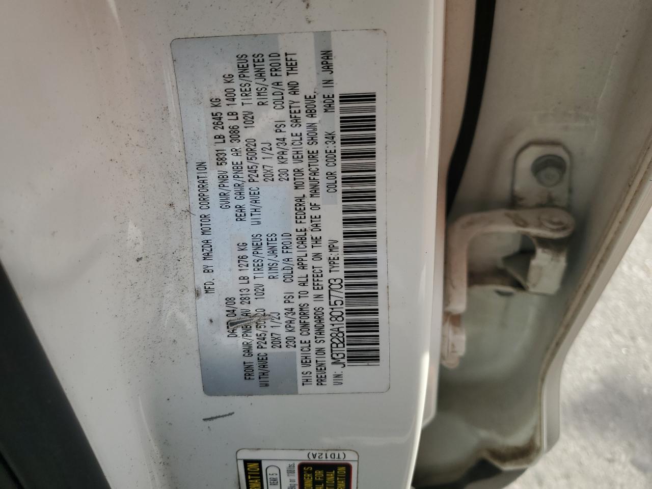 2008 Mazda Cx-9 VIN: JM3TB28A180157703 Lot: 86155945
