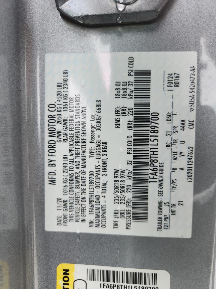 2020 Ford Mustang VIN: 1FA6P8TH1L5189700 Lot: 85580965