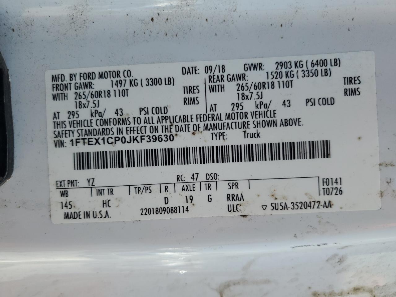 2018 Ford F150 Super Cab VIN: 1FTEX1CP0JKF39630 Lot: 80575125