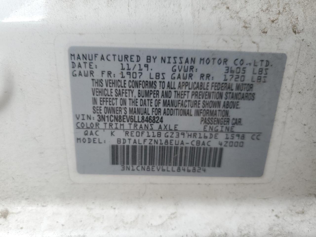 2020 Nissan Versa Sv VIN: 3N1CN8EV6LL846824 Lot: 85119165