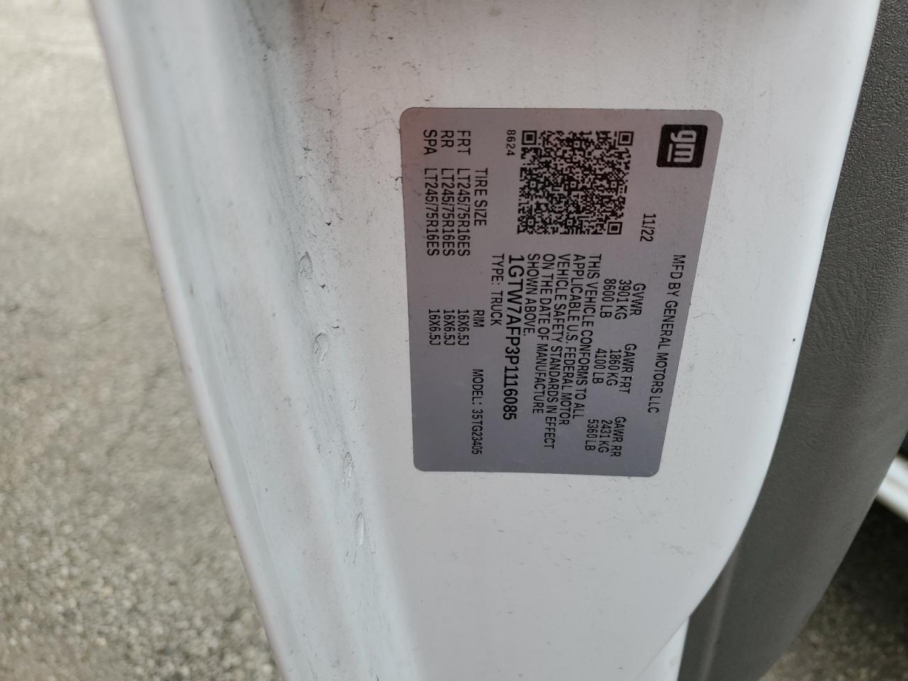 2023 GMC Savana G2500 VIN: 1GTW7AFP3P1116085 Lot: 86623885