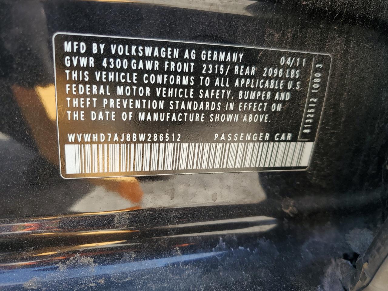 2011 Volkswagen Gti VIN: WVWHD7AJ8BW286512 Lot: 82243665