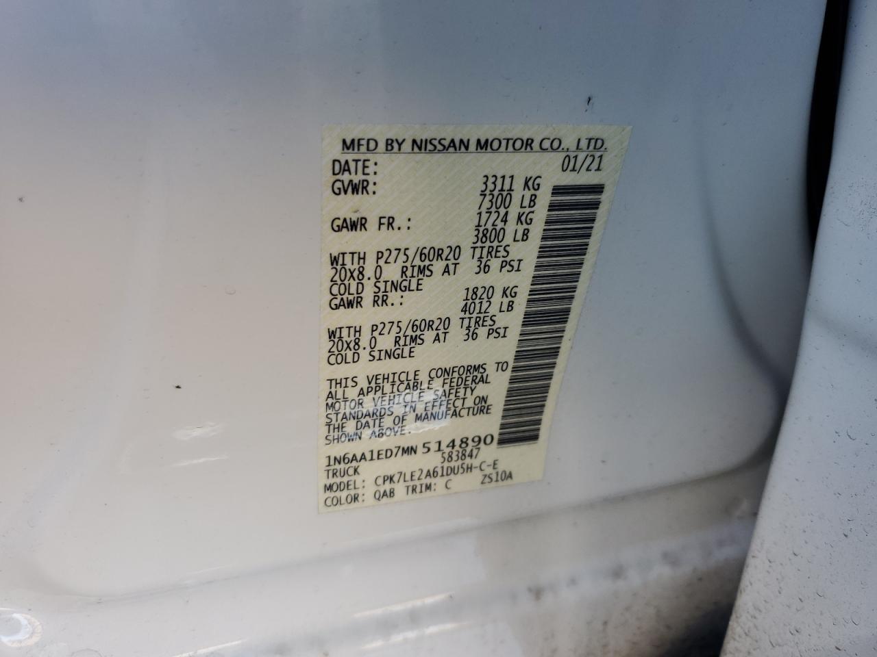 2021 Nissan Titan Sv VIN: 1N6AA1ED7MN514890 Lot: 86080205