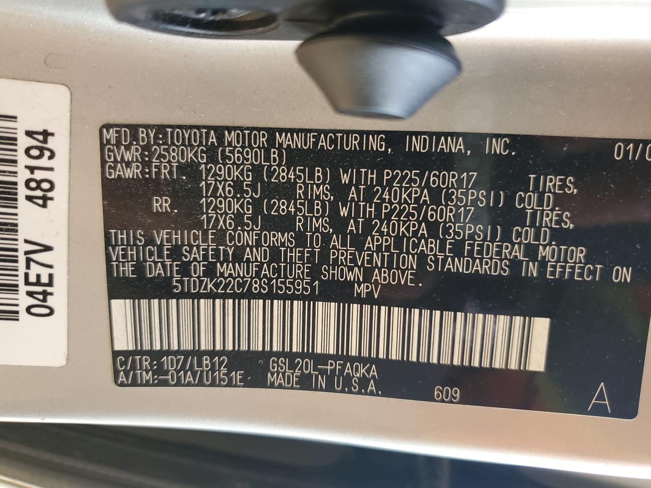 2008 Toyota Sienna Xle VIN: 5TDZK22C78S155951 Lot: 90686265