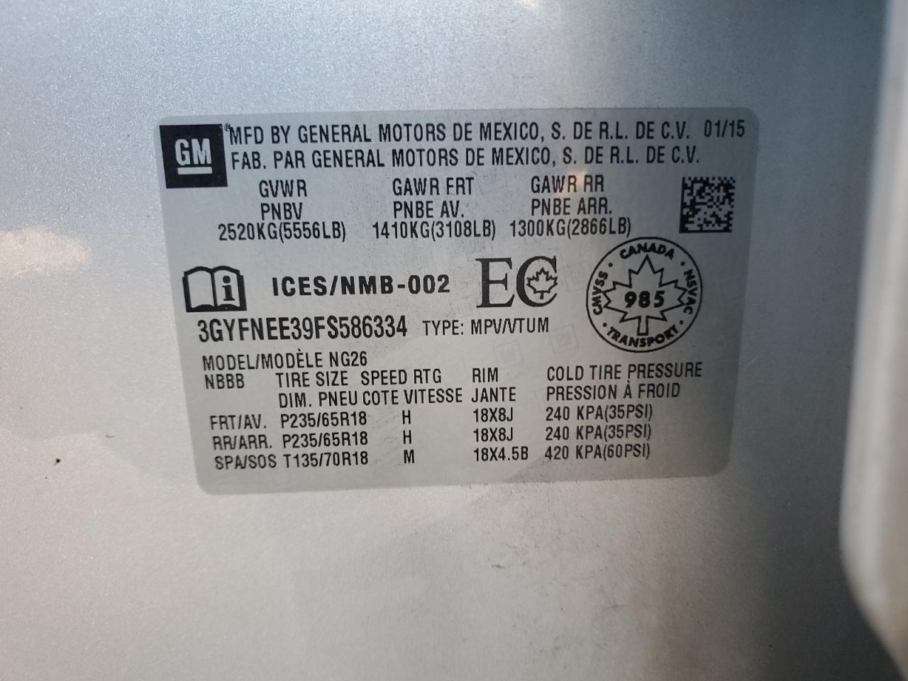 2015 Cadillac Srx Luxury Collection VIN: 3GYFNEE39FS586334 Lot: 89611285