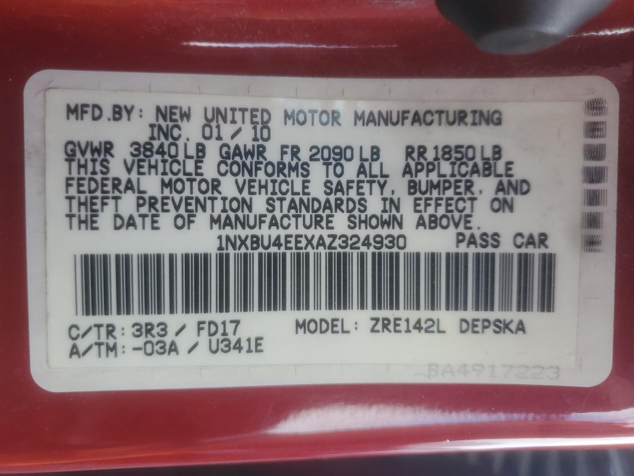 2010 Toyota Corolla Base VIN: 1NXBU4EEXAZ324930 Lot: 82336485