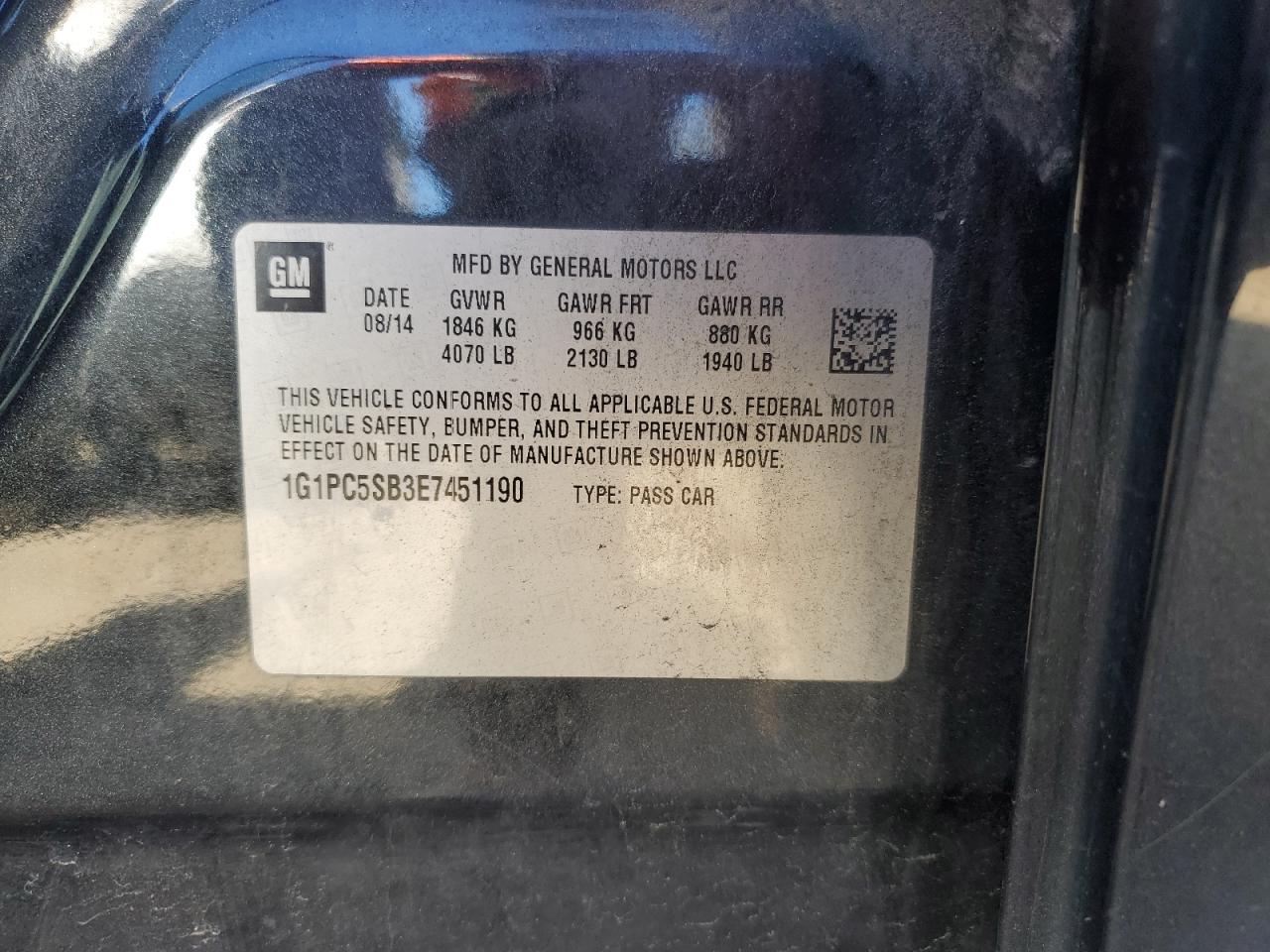 2014 Chevrolet Cruze Lt VIN: 1G1PC5SB3E7451190 Lot: 81552405