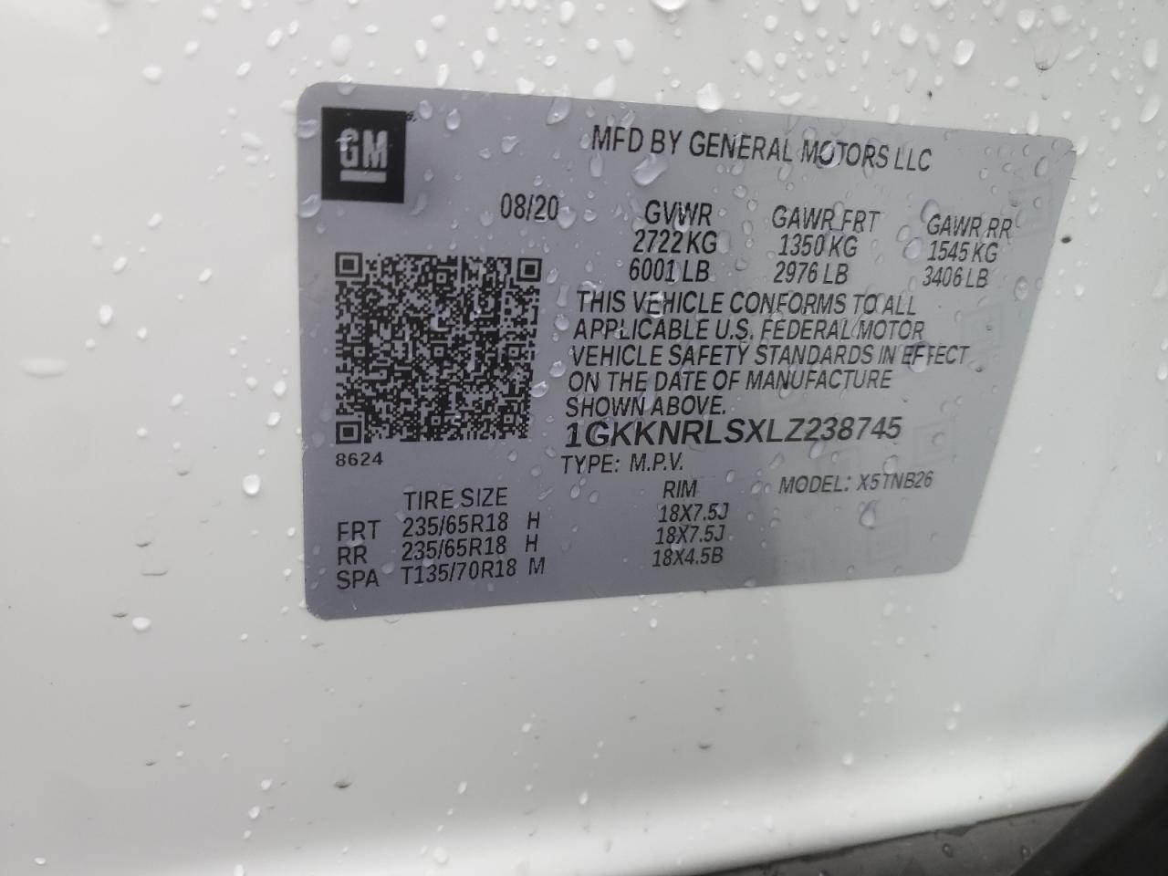 2020 GMC Acadia Sle VIN: 1GKKNRLSXLZ238745 Lot: 86651375
