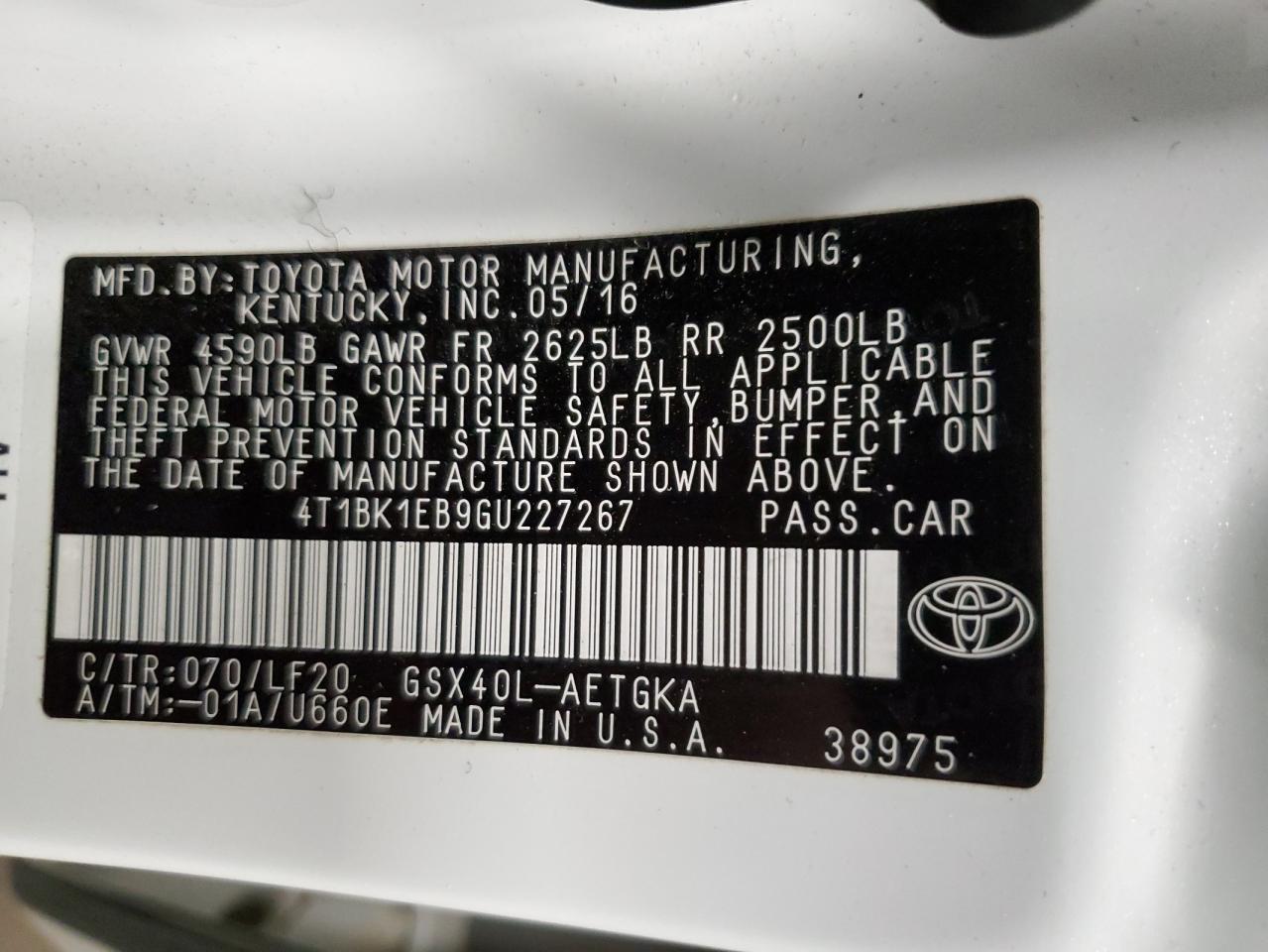 2016 Toyota Avalon Xle VIN: 4T1BK1EB9GU227267 Lot: 90914115