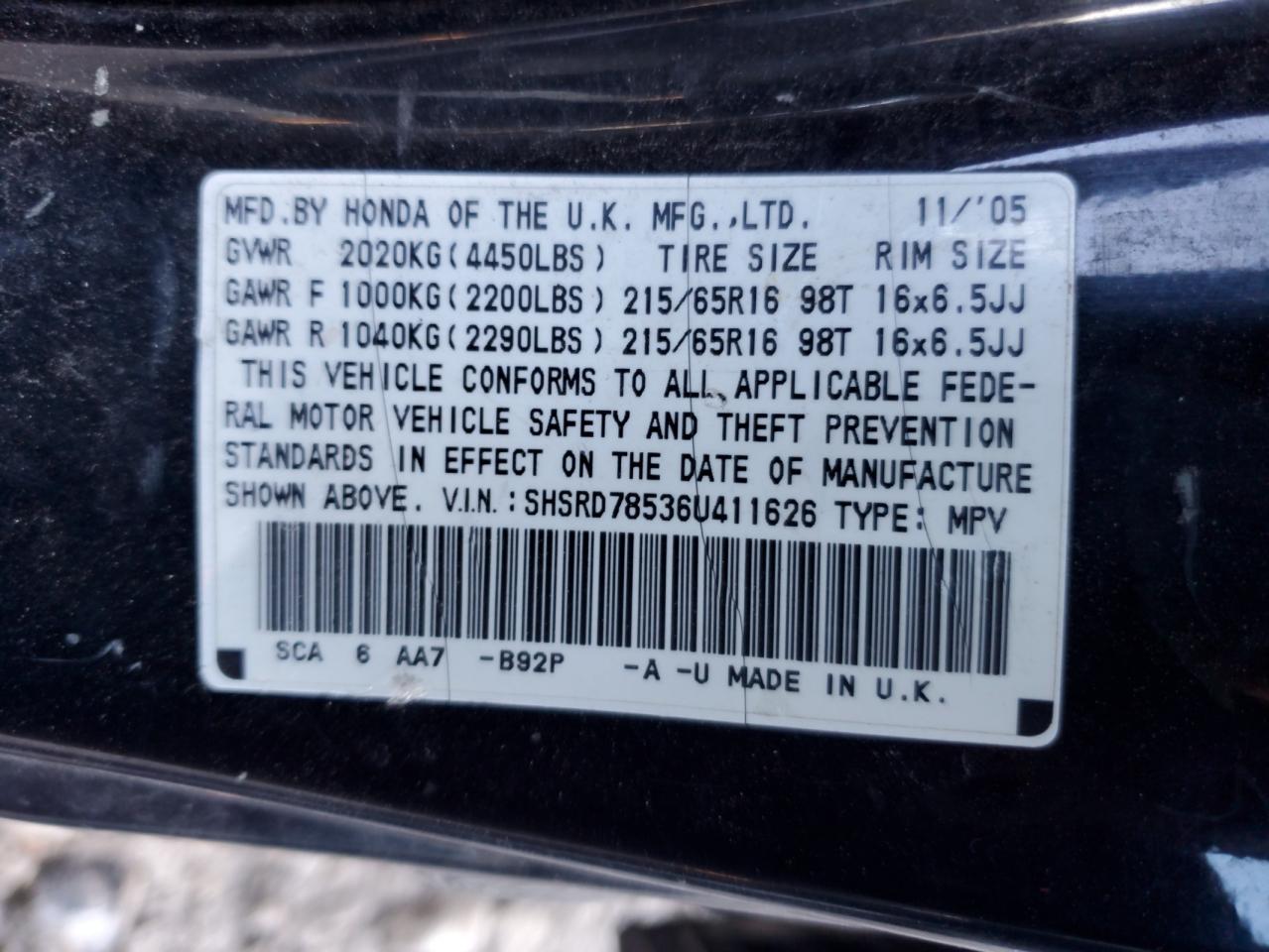2006 Honda Cr-V Lx VIN: SHSRD78536U411626 Lot: 85293675