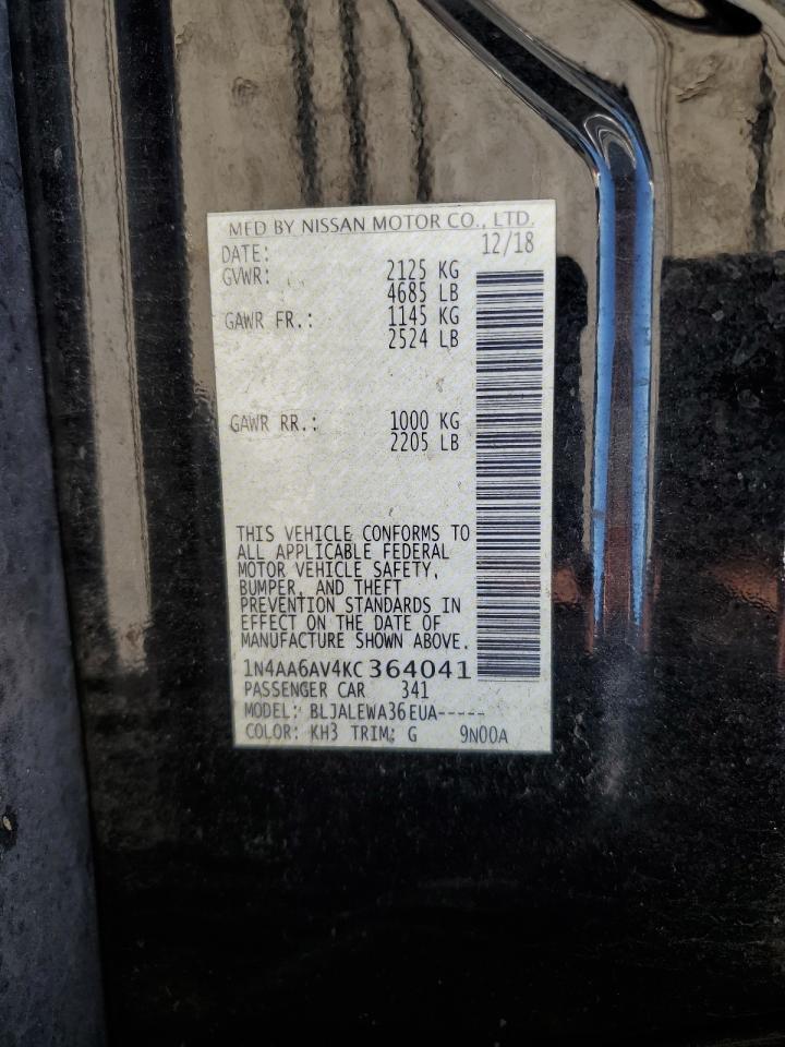 2019 Nissan Maxima S VIN: 1N4AA6AV4KC364041 Lot: 86694205