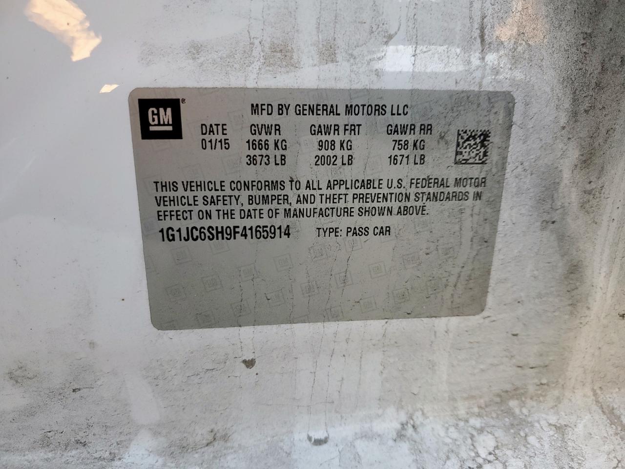 2015 Chevrolet Sonic Lt VIN: 1G1JC6SH9F4165914 Lot: 90253445