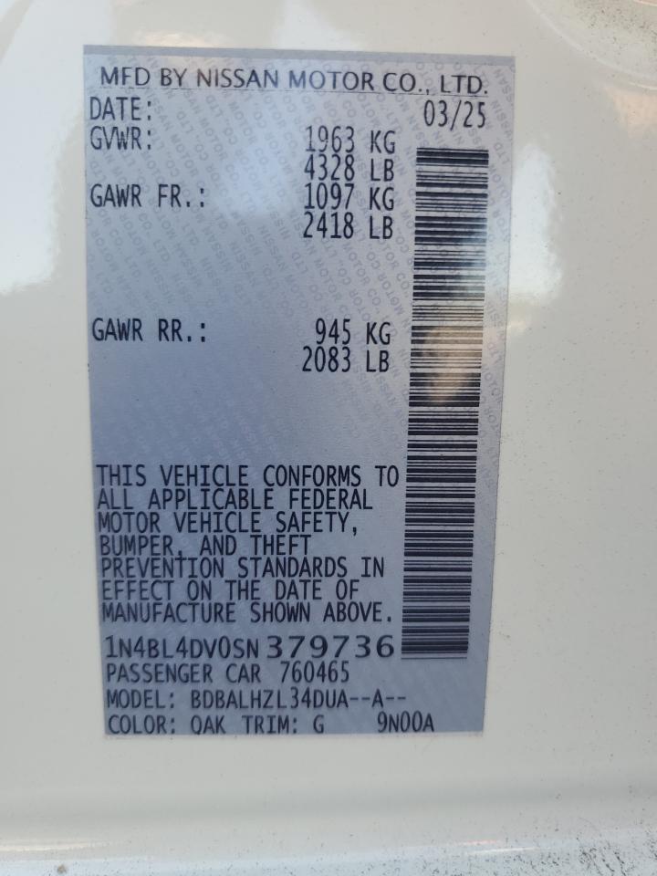 2025 Nissan Altima Sv VIN: 1N4BL4DV0SN379736 Lot: 85289725