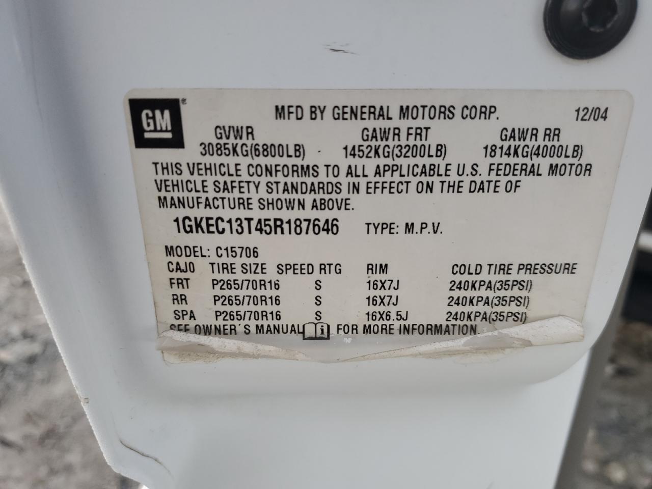 2005 GMC Yukon VIN: 1GKEC13T45R187646 Lot: 90933855