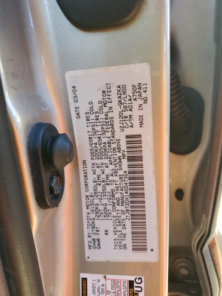 2004 Lexus Gx 470 VIN: JTJBT20X140047324 Lot: 87433445