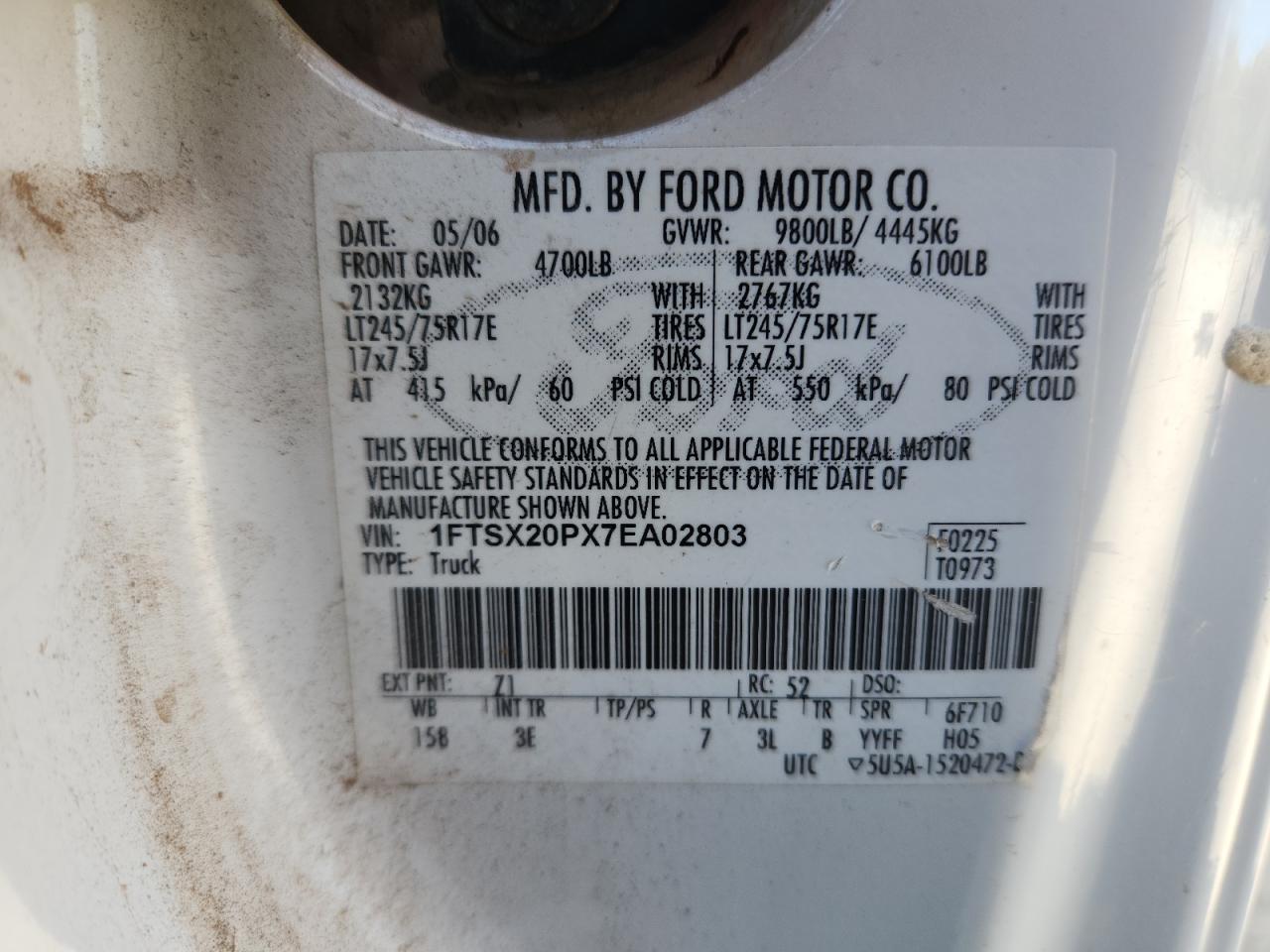 2007 Ford F250 Super Duty VIN: 1FTSX20PX7EA02803 Lot: 82202165