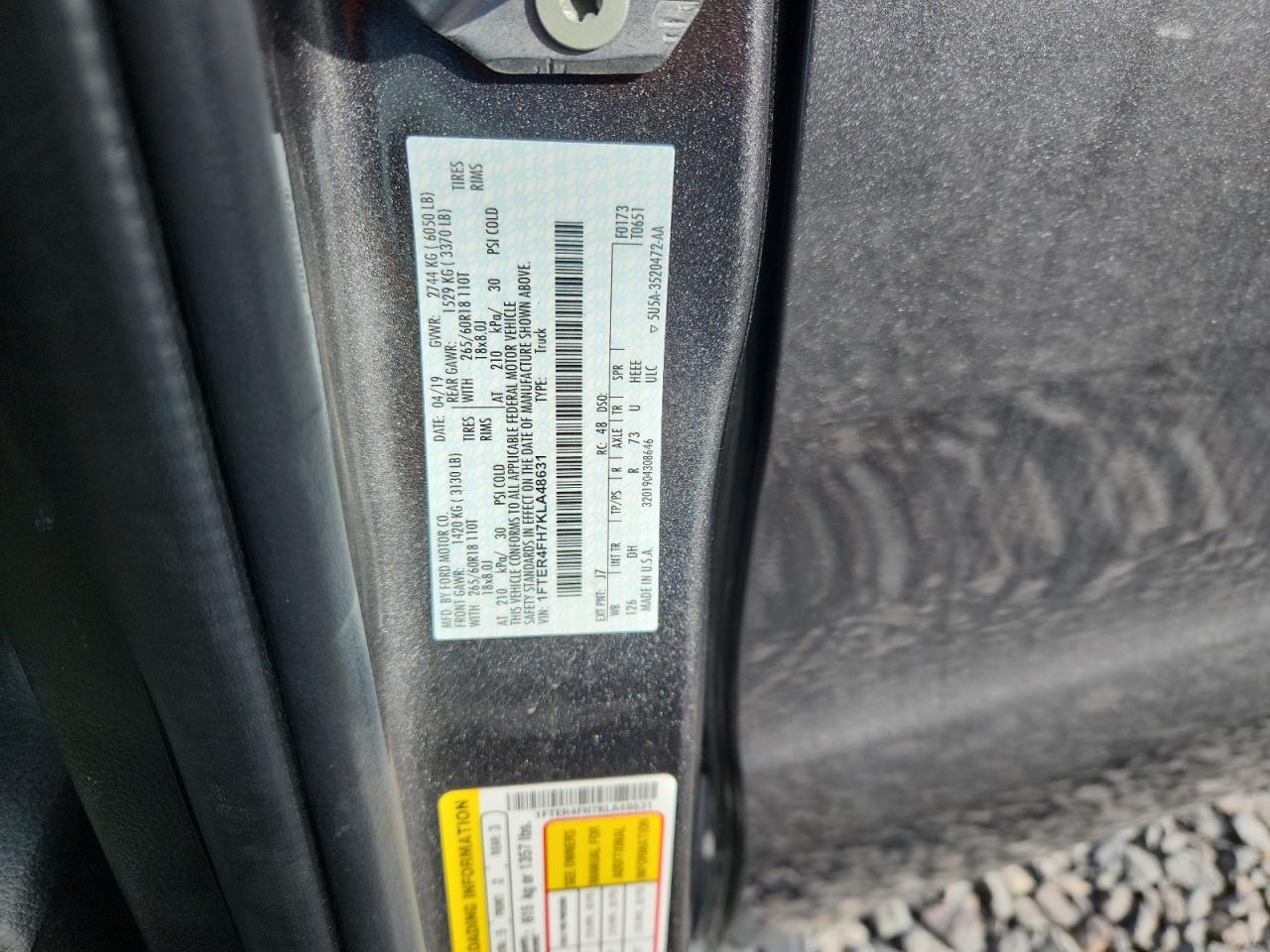 2019 Ford Ranger Xl VIN: 1FTER4FH7KLA48631 Lot: 81919045