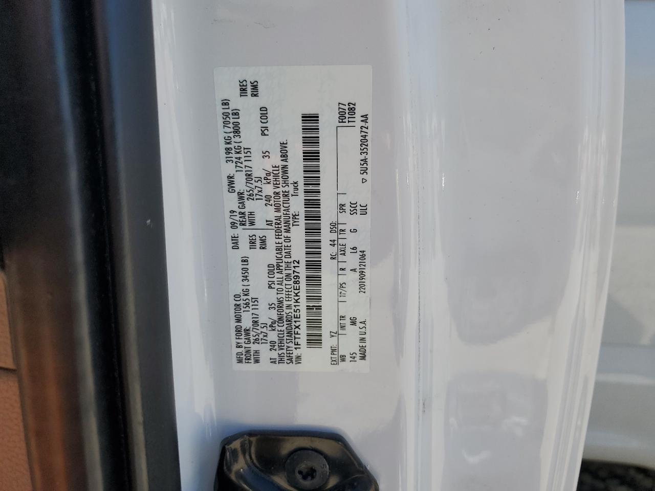 2019 Ford F150 Super Cab VIN: 1FTFX1E51KKE89712 Lot: 82225795