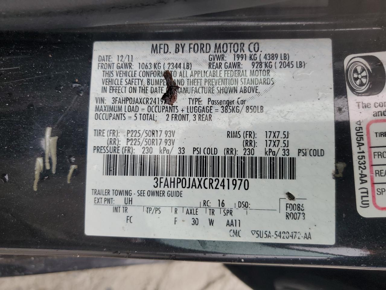 2012 Ford Fusion Sel VIN: 3FAHP0JAXCR241970 Lot: 90080835