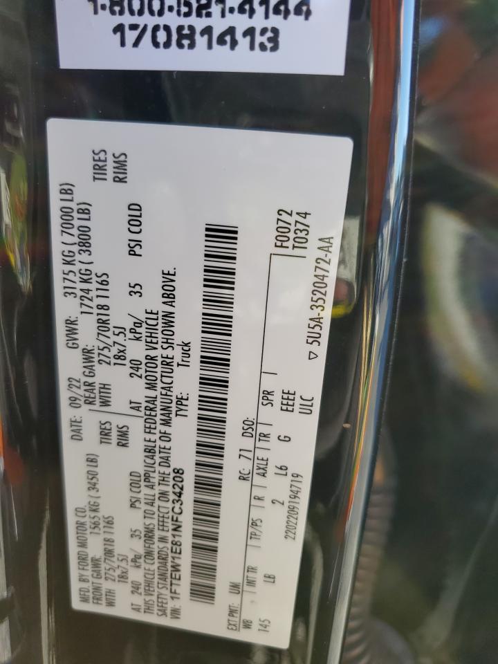 2022 Ford F150 Supercrew VIN: 1FTEW1E81NFC34208 Lot: 90370855