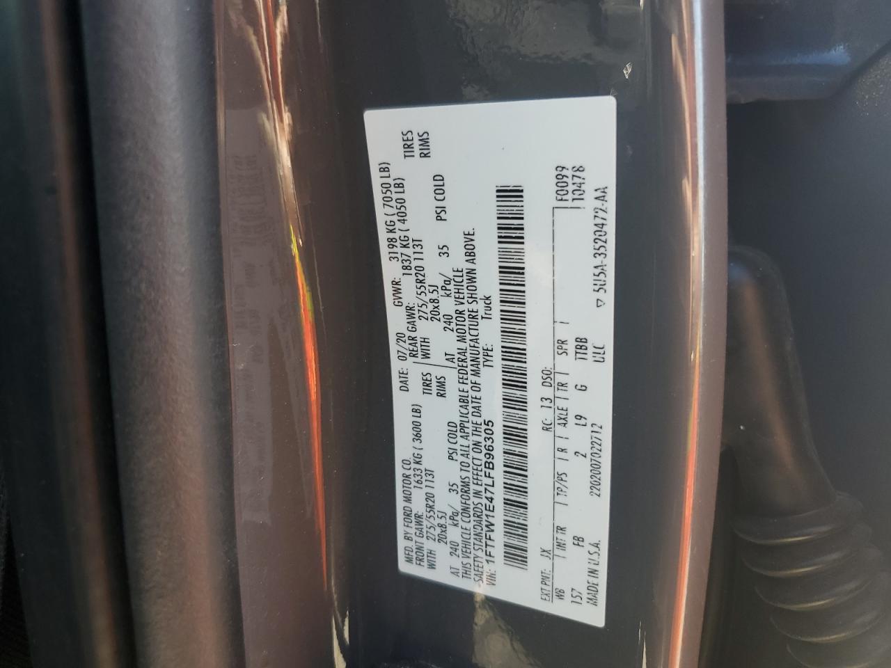 2020 Ford F150 Supercrew VIN: 1FTFW1E47LFB96305 Lot: 81919015