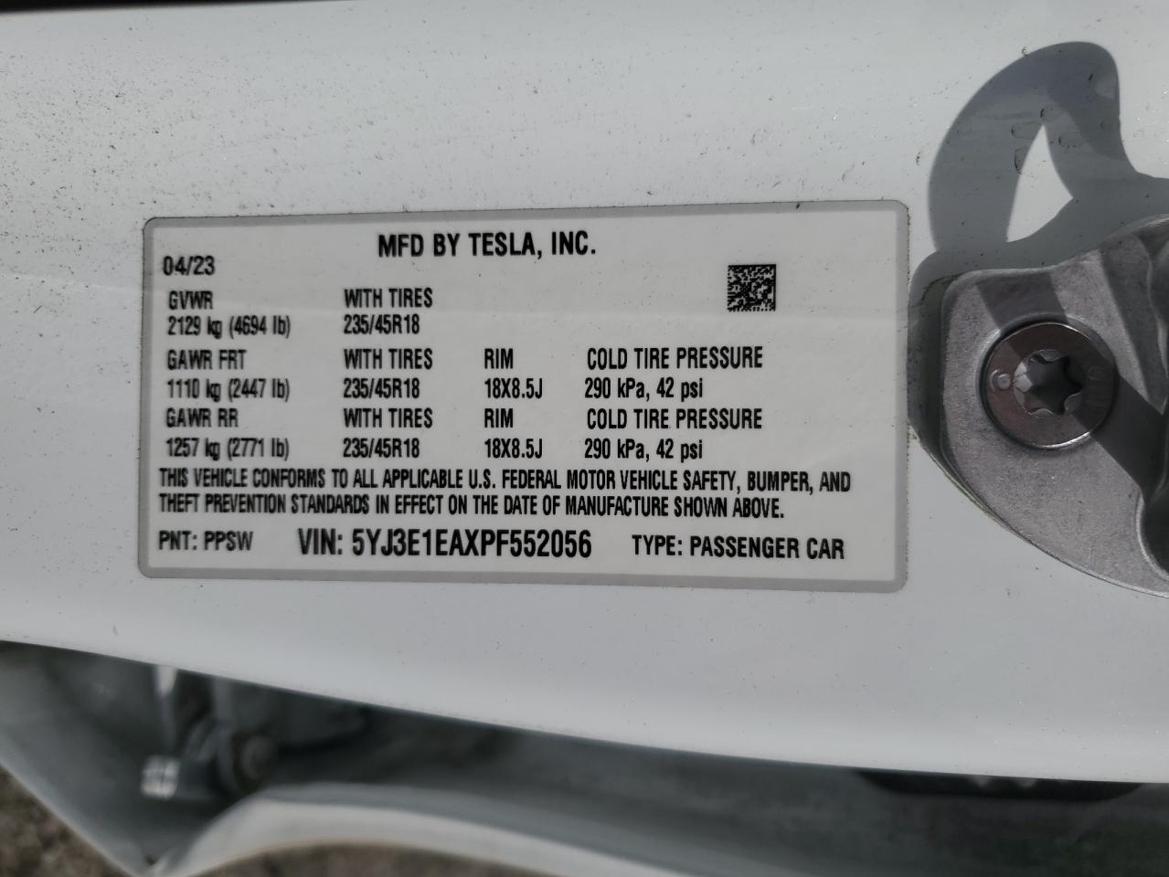 2023 Tesla Model 3 VIN: 5YJ3E1EAXPF552056 Lot: 87196365