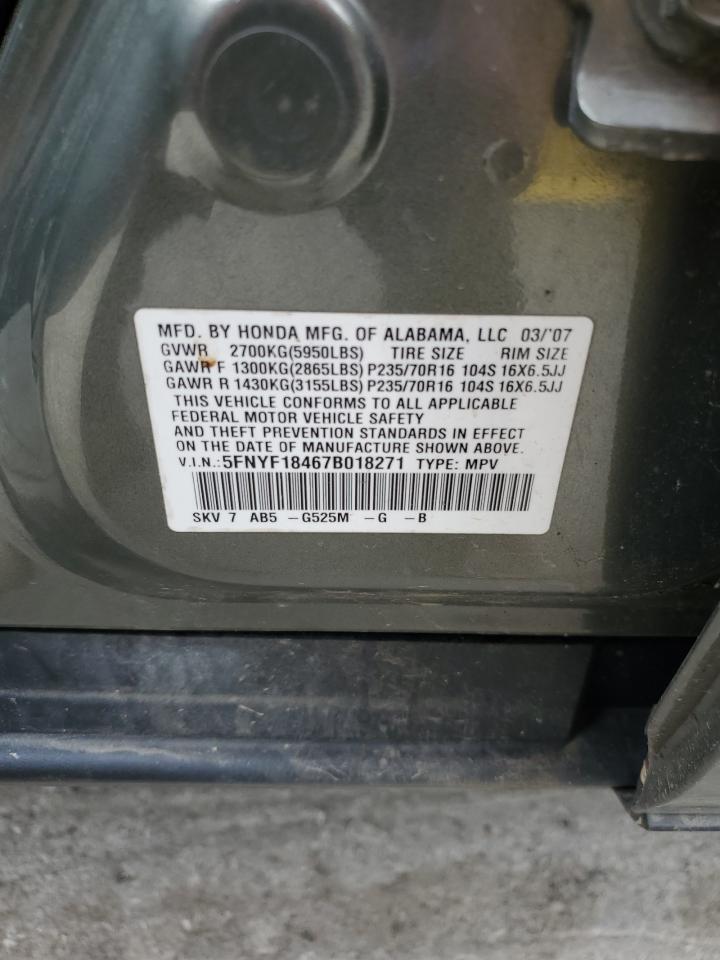 2007 Honda Pilot Ex VIN: 5FNYF18467B018271 Lot: 86427355