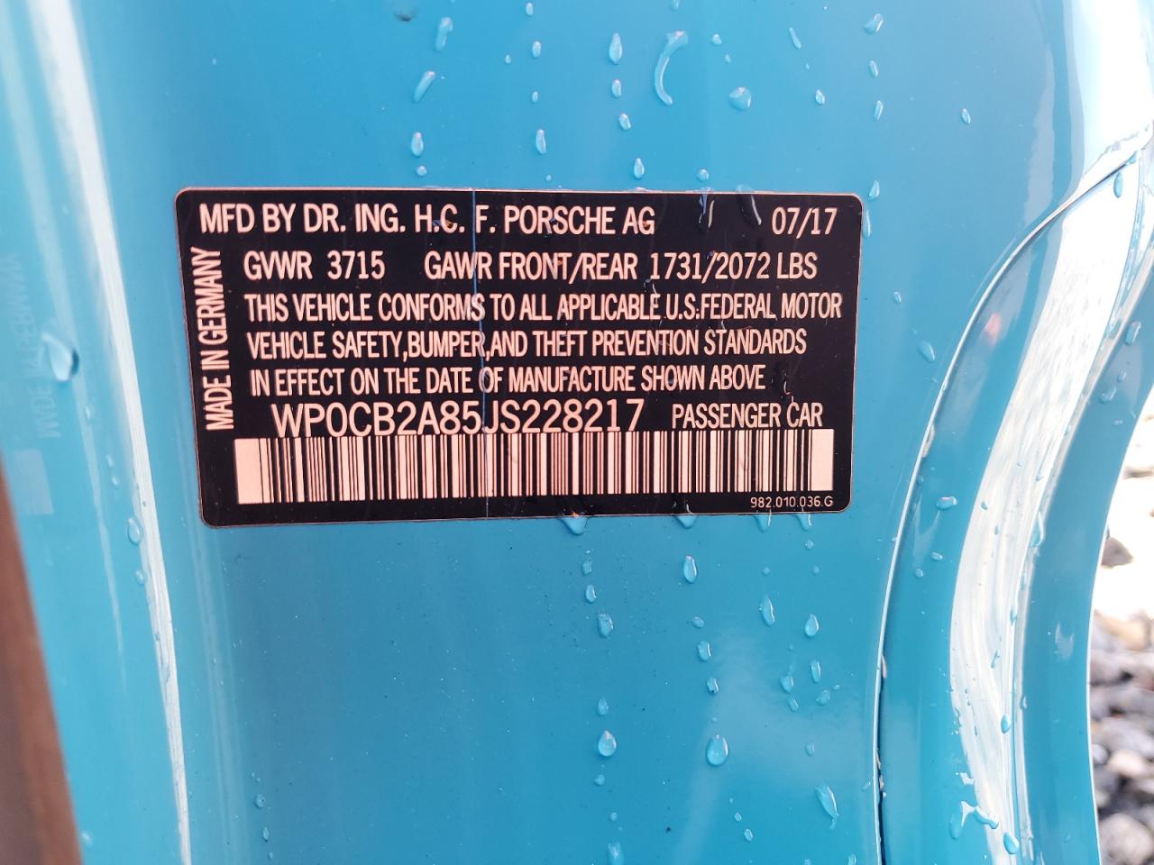 2018 Porsche Boxster S VIN: WP0CB2A85JS228217 Lot: 90007745