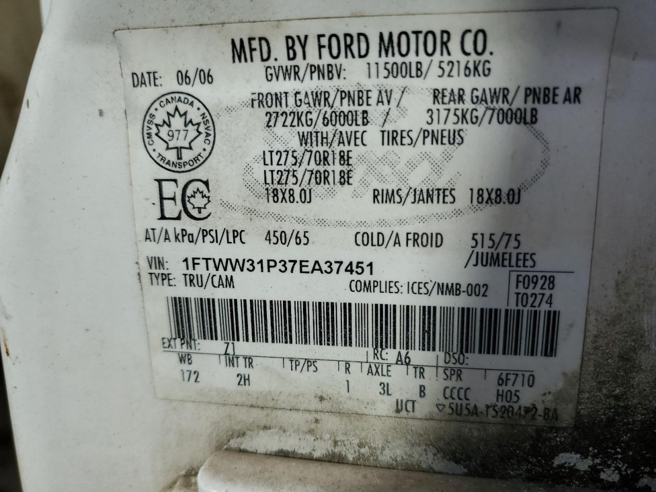 2007 Ford F350 Srw Super Duty VIN: 1FTWW31P37EA37451 Lot: 81985385
