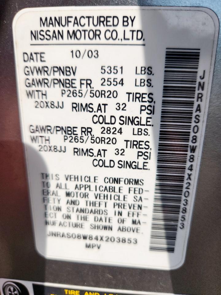 2004 Infiniti Fx35 VIN: JNRAS08W84X203853 Lot: 85344255