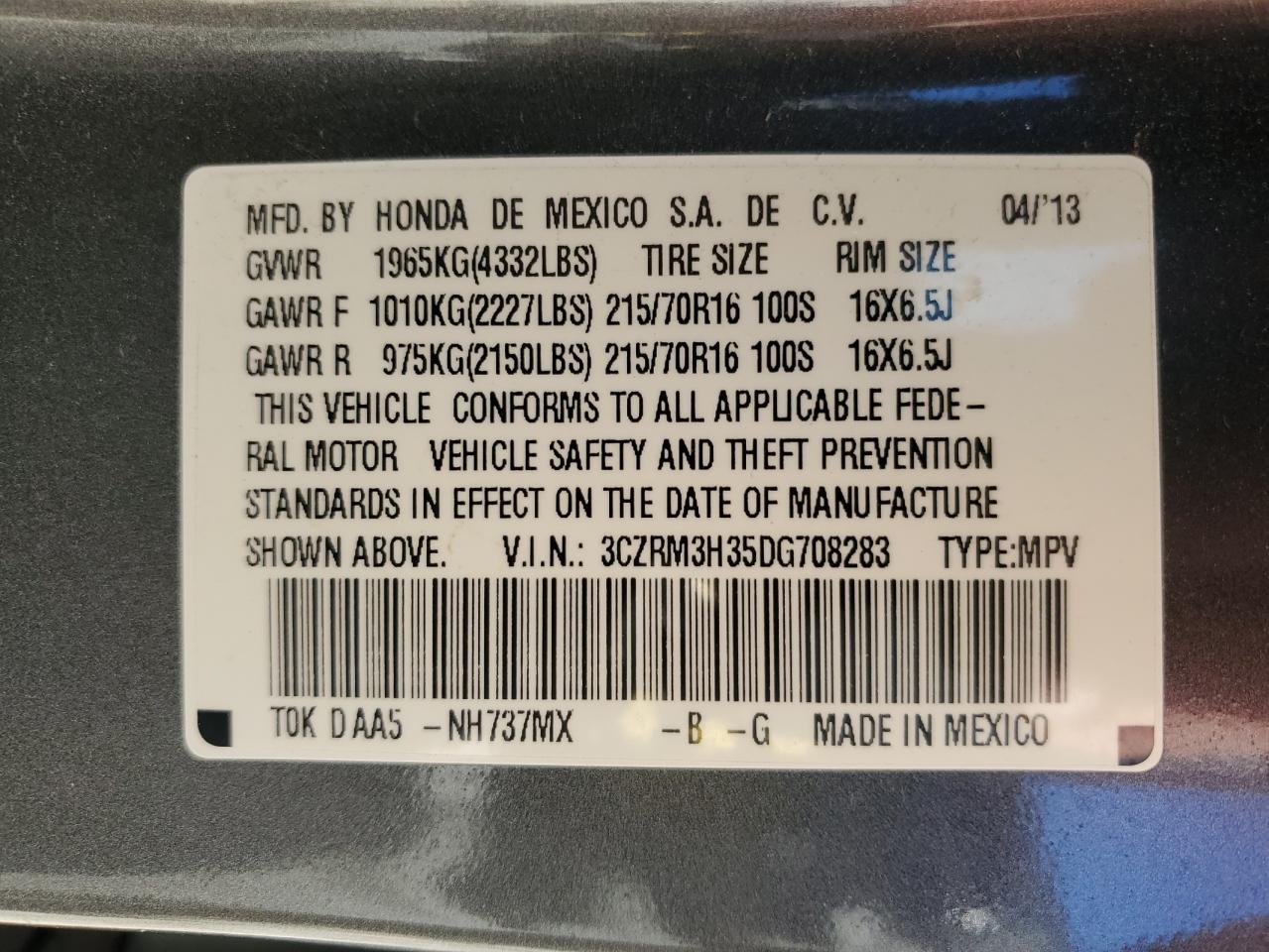 2013 Honda Cr-V Lx VIN: 3CZRM3H35DG708283 Lot: 90620985