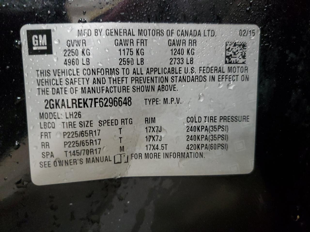 2015 GMC Terrain Sle VIN: 2GKALREK7F6296648 Lot: 89891755