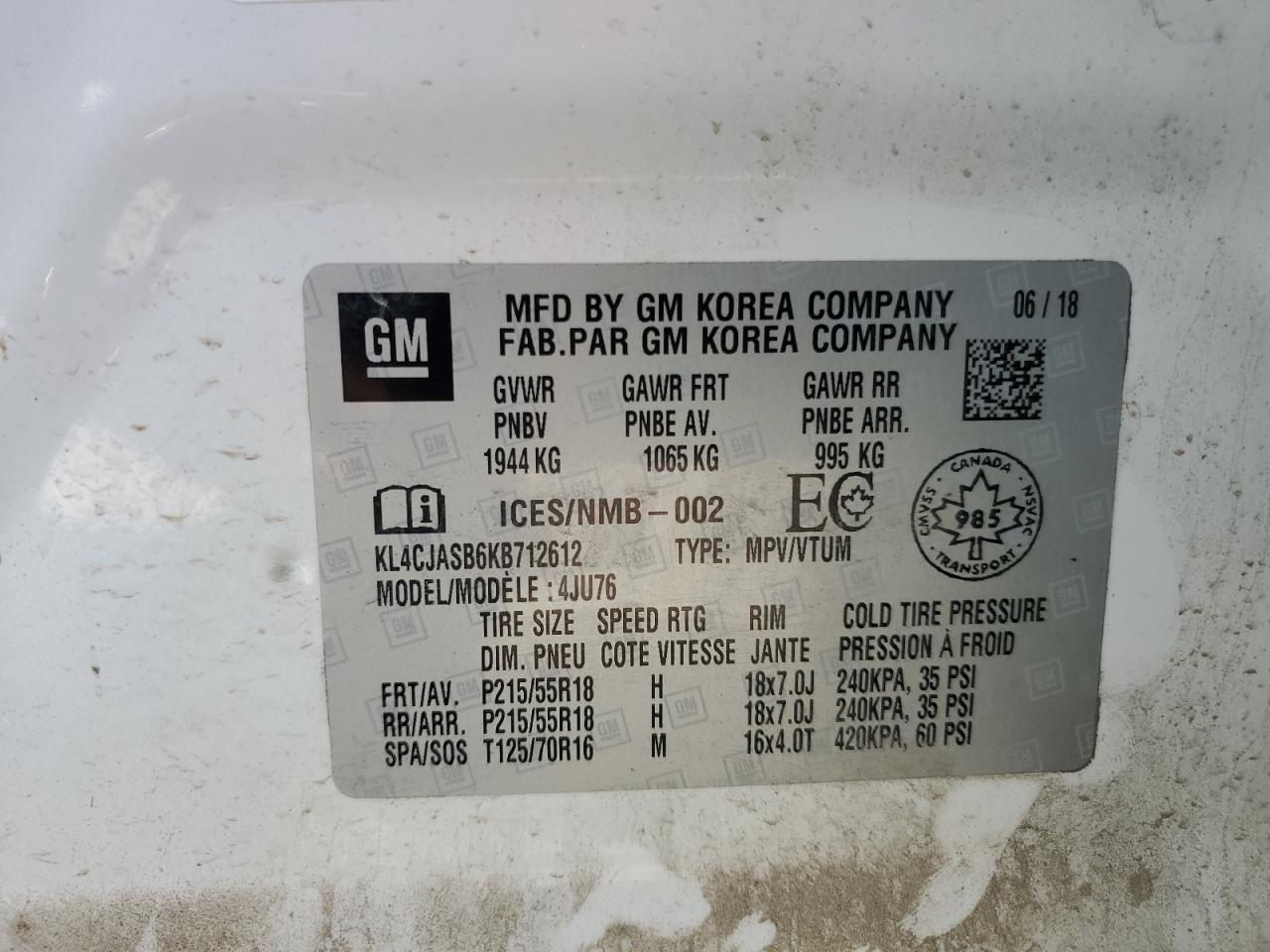 2019 Buick Encore Preferred VIN: KL4CJASB6KB712612 Lot: 85194845