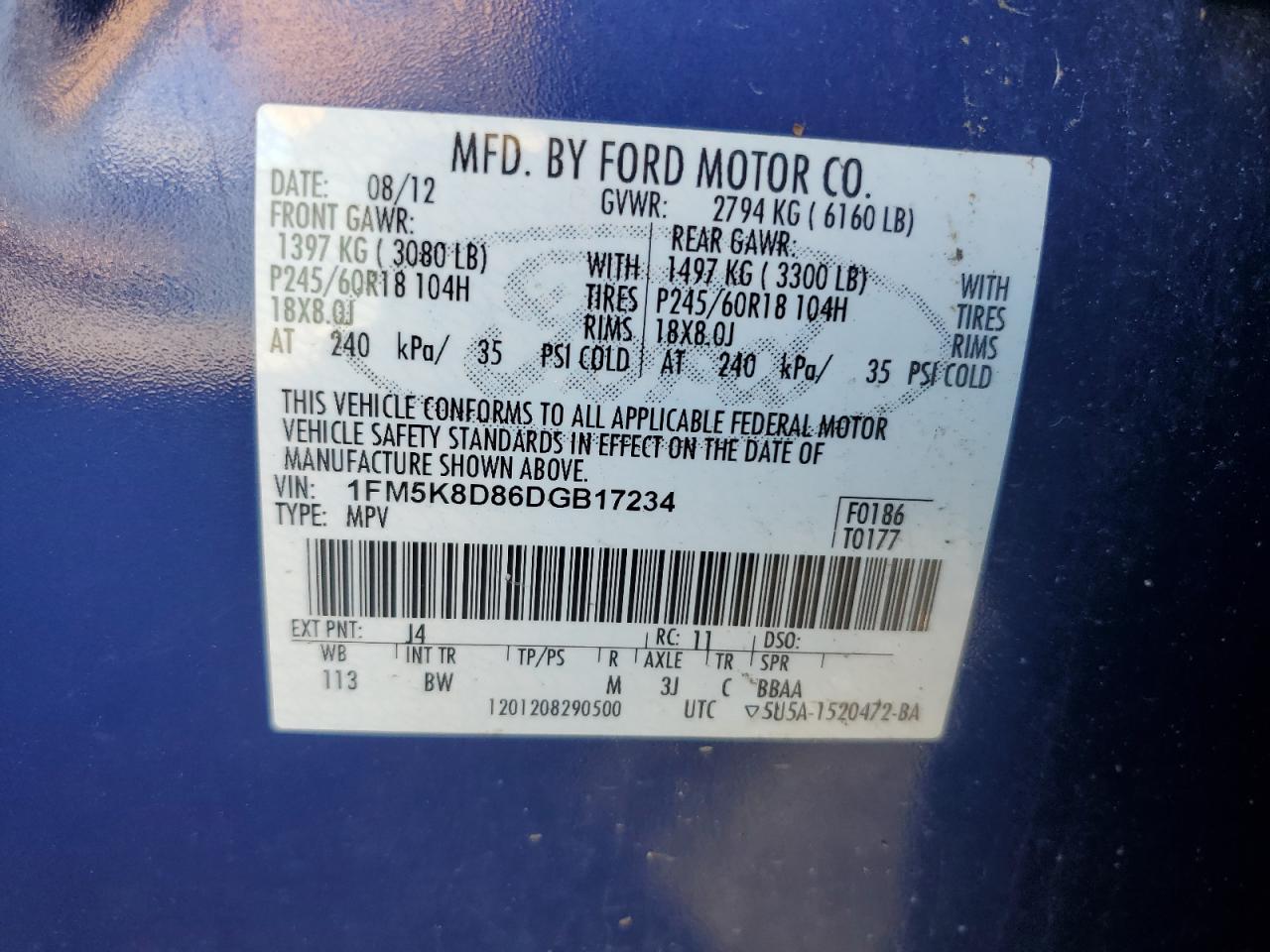 2013 Ford Explorer Xlt VIN: 1FM5K8D86DGB17234 Lot: 85277015